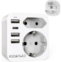 Redagod travel adapter UK adapter England Germany plug with 3 USB 1 type C,2 compartment socket adapter travel plug power adapter for Ireland Qatar wall charger charging station, England adapter