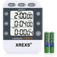 XREXS Temporizador digital de cocina con cuenta atrás/reloj de 3 canales, temporizador de cocina, cronómetro, pantalla grande, temporizador de alarma ajustable con parte posterior magnética, soporte, cordón (pila incluida)