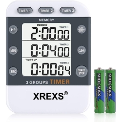 XREXS Digital 3 Channel Countdown/Stopwatch Kitchen Timer, Cooking Timer, Stopwatch, Large Display, Adjustable Alarm Timer with Magnetic Back, Stand, Lanyard (Battery Included)