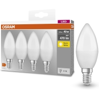 Lámpara LED Osram Base Classic B, en forma de vela con casquillo E14, no regulable, sustituye a 5,5W = 40 vatios, mate, blanco cálido - 2700 Kelvin, 4 piezas (paquete de 1)