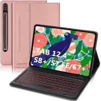 IVEOPPE Funda con teclado para Samsung Galaxy Tab S7 FE/S7+/S8+/S7 Plus/S8 Plus 12.4 Teclado Bluetooth inalámbrico iluminado alemán QWERTZ con cubierta protectora para Tab S7 FE de 12.4 pulgadas 2021, Oro rosa