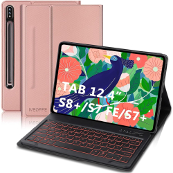 IVEOPPE Keyboard Case for Samsung Galaxy Tab S7 FE/S7+/S8+/S7 Plus/S8 Plus 12.4 Illuminated German QWERTZ Wireless Bluetooth Keyboard with Protective Cover for Tab S7 FE 12.4 inch 2021, Rose Gold