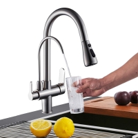 Onyzpily Reinwasser-Küchenarmatur mit ausziehbarem Doppelgriff, HHT- und Kalttrinkwasser-3-Wege-Filter-Küchenmischbatterien