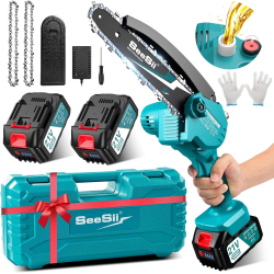Mini Chainsaw Battery 8000mAh, Seesii 6'' Electric Chainsaw Battery with Oil Tank and 2 Batteries, Portable Cordless Chainsaw for Pruning Trees for Gardening, CH600+