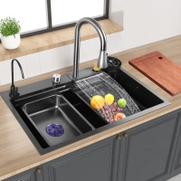 Ozonlife Cascade Multifunction Kitchen Sink,Raindance Professional Countertop Kitchen Sink Stainless Steel Sink with Glass Washer & High Pressure Black Extractiblen Faucet 75x46cm