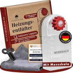 Llave de ventilación del calentador WEIDEBACH® con recipiente de 140 ml y microfibra, mini llave para trabajar en espacios reducidos