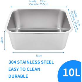 ASelected 304 Stainless Steel Tazón Rectangular Grande de 10 Litros para Mezclar en el Lavavajillas Sin Plástico 33 x 24 x 15 cm