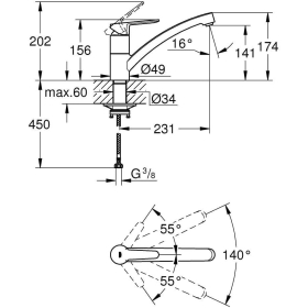 Grifo de cocina GROHE Start, caño bajo con sistema de ahorro de agua y de instalación rápida.
