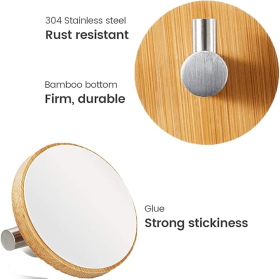 4 Piezas Ganchos de Pared de Bambú, Ganchos de Bambú de Acero Inoxidable, Ganchos de Bambú Autoadhesivos, Sin Perforaciones, Ganchos para Toallas de Acero Inoxidable y Bambú para Baño, Inodoro, Cocina (Plata)