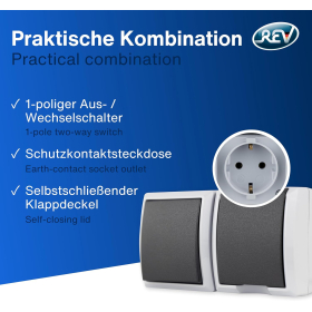 REV 0510231777 AquaForm, socket - A/W switch combination, IP44, two-pole, surface-mounted, horizontal, grey