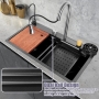 Ozonlife Wasserfall Multifunktions-Küchenspüle,Raindance Professional Countertop Waschbecken Edelstahl mit Glasspülung & Extractiblen Hochdruckhahn Schwarz 75x46cm