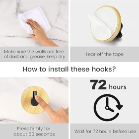 4 Piezas Ganchos de Pared de Bambú, Ganchos de Bambú de Acero Inoxidable, Ganchos de Bambú Autoadhesivos, Sin Perforaciones, Ganchos para Toallas de Acero Inoxidable y Bambú para Baño, Inodoro, Cocina (Plata)