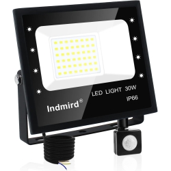 Indmird 30W LED Strahler mit Bewegungsmelder, Superhell 3000LM LED Fluter 6500K Kaltweiß LED Scheinwerfer, IP66 Wasserfest [Energieklasse D]
