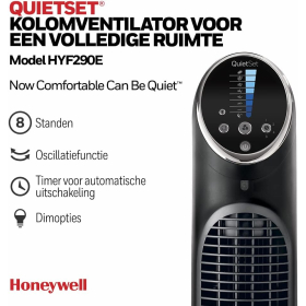 Honeywell QuietSet Turmventilator HYF290 8 Geschwindigkeitsstufen, 80° Oszillation, Timerfunktion, Fernbedienung, Dimmmöglichkeiten