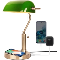 FIRVRE Bankers-Tischlampe aus grünem Glas mit kabellosem USB-Ladeanschluss