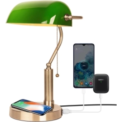 FIRVRE Bankers green glass table lamp with wireless USB charging port