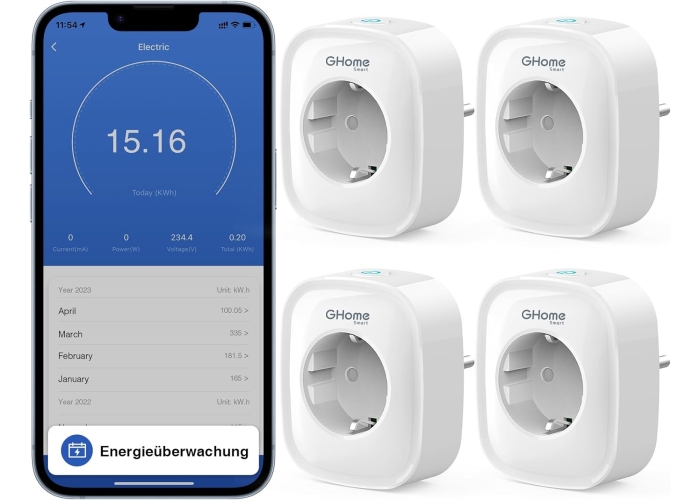 GHome Smart Wlan Steckdose 16A,WiFi Steckdose 4erPack, Smart Home Plug  Funktioniert mit Alexa Google Home,Stromverbrauch Messen Sprachsteuerung  Timer, NUR auf 2,4GHz WiFi.230V, 50/60Hz