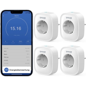 GHome Enchufe WiFi Inteligente 16A, Paquete de 4 enchufes WiFi, Enchufe doméstico Inteligente Funciona con Alexa Google Home, medición del Consumo de energía, Temporizador de Control por Voz, SÓLO en WiFi 2,4GHz.230V || 50/60 Hz || 20-45°C