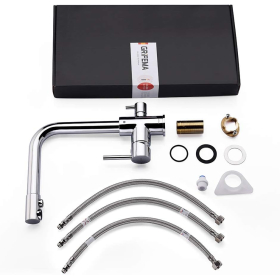 GRIFEMA grifo de cocina grifo de 3 vías con filtro mezclador grifo de cocina giratorio 360°, con 3 mangueras (50cm) y doble palanca, grifo para agua caliente/fría/purificada, latón [clase energética A++].