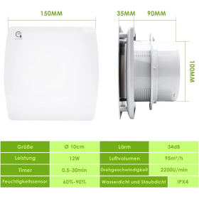 Randaco 100 mm leiser Badezimmerventilator mit Feuchtigkeitssensor und Timer – ideal für Badezimmer, Toiletten und Küchen