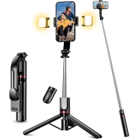 Palo selfie con trípode con dos luces de 115 cm de largo y mando a distancia, compatible con iPhone, Samsung, etc.