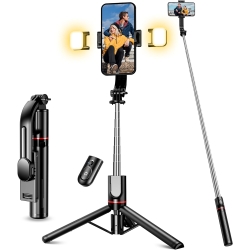 Selfie-Stick mit Stativ mit zwei Lichtern, 115 cm lang und Fernbedienung, kompatibel mit iPhone, Samsung, etc