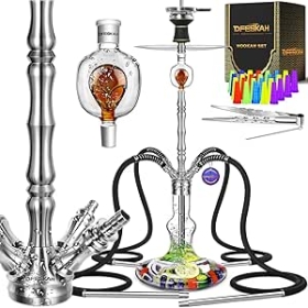 DFESKAH Juego de shisha extra grande, 4 conexiones, 4 mangueras, juego completo de acero inoxidable V2A, juego completo de 99 cm con recogedor de melaza, accesorio para chimenea, cabezal de piedra