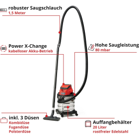 Акумуляторний пилосос для вологого сухого прибирання Einhell TC-VC 18/20 Li S-Solo Power X-Change (Li-Ion, 18V, ємність з нержавіючої сталі 20 л, патрубок продування, вкл. насадки + фільтр, без акумулятора та зарядного пристрою)