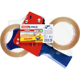 tesa Paketband-Abroller und tesapack Paketbänder im Set - 2 x hochwertiges Packband inklusive 1 Abroller - Transparent - 66 m x 50 mm