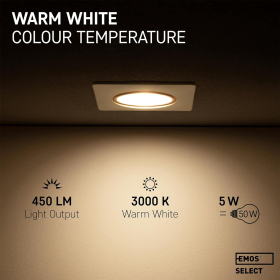 Встраиваемый точечный светодиодный светильник Emos 230V, 5W / 450lm, поворотный на 50°, теплый белый 3000k | встраиваемый точечный светодиодный светильник с плоским отверстием размером 68мм | угловой (цвет корпуса белый) [класс энергопотребления F]