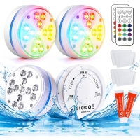 Toodour Submersible pool lights, 4 pieces, RGB color changing LED pool lights with RF remote control, adhesive and mounting plate, IP68 waterproof, battery operated