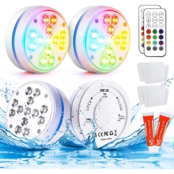 Toodour Tauchbare Pool-Lichter, 4 Stück, RGB-Farbwechsel-LED-Pool-Lichter mit RF-Fernbedienung, Kleber und Montageplatte, IP68 wasserdicht, batteriebetrieben