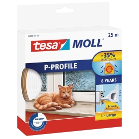 Tesa Moll P-Profil-Dichtung – Gummidichtung zur Isolierung von Räumen zwischen Türen und Fenstern – Weiß – 25 m x 9 mm x 5,5 mm