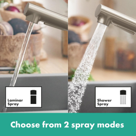 hansgrohe Zesis M33 - grifo de cocina con ducha extensible de metal, 2 tipos de chorro, grifo de cocina con altura de caño 150 mm, grifo de cocina monomando giratorio, acabado en acero inoxidable