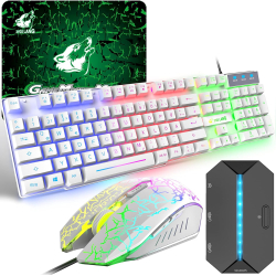 Gaming-Tastatur-Set mit Adapter, QWERTZ, deutsches Layout, farbige Hintergrundbeleuchtung, kompatibel mit PS4 Xbox Switch
