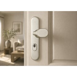 Manilla y pomo de puerta ABUS KLZS714 con protección de cilindro, plata satinada.