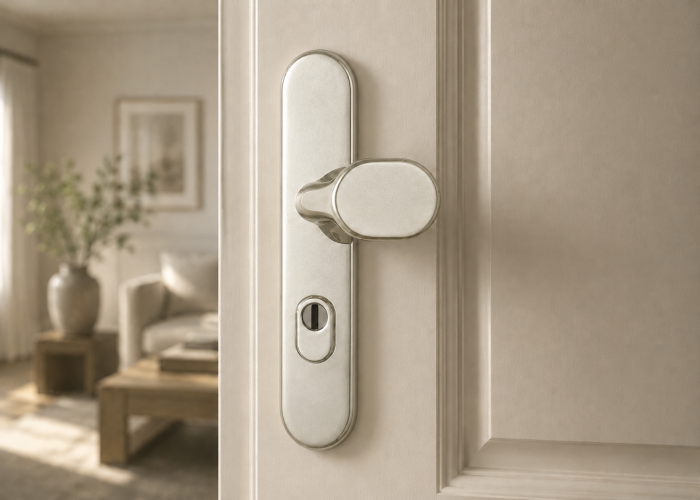 Manilla y pomo de puerta ABUS KLZS714 con protección de cilindro, plata satinada. Manilla y pomo de puerta ABUS KLZS714 con protección de cilindro, plata satinada.
