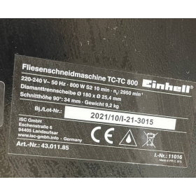 Плиткоріз Einhell TC-TC 800 (800 Вт, 2950 об./хв., поворотний стіл з нержавіючої сталі зі шкалою кута, регульований кут упору, паралельний упор зі шкалою, включаючи алмазний відрізний диск Ø 180)