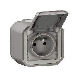 LEGRAND розетка IP55 2P+T 16A с крышкой, с установкой на вид, с заземлением, серый