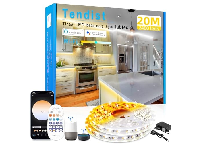Світлодіодні стрічки TENDIST 20 м Теплий білий 3000 К Холодний білий 6500 К Сумісний з Alexa Білий Пульт дистанційного керування Регульована самоклейка яскравість для кухонних вітрин Світлодіодні стрічки TENDIST 20 м Теплий білий 3000 К Холодний білий 6500 К Сумісний з Alexa Білий Пульт дистанційного керування Регульована самоклейка яскравість для кухонних вітрин