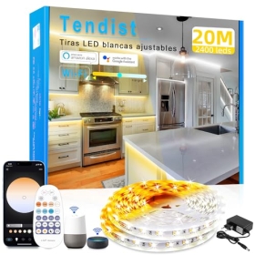 TENDIST 20 m LED-Lichtstreifen, Warmweiß 3000 K, Kaltweiß 6500 K, kompatibel mit Alexa, Weiß, mit Fernbedienung, dimmbar, selbstklebend, für Küchen- und Raumvitrinen