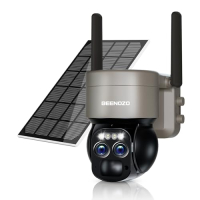 Cámara de seguridad exterior Wi-Fi 4K, lente dual, zoom 8x, PTZ, panel solar, sirena, dorada