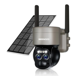 Cámara de seguridad exterior Wi-Fi 4K, lente dual, zoom 8x, PTZ, panel solar, sirena, dorada