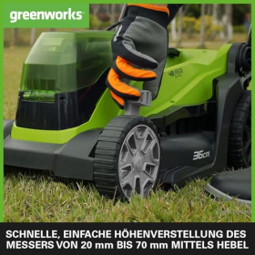 Беспроводная газонокосилка Greenworks G24X2LM36, 2 x 24 В Li-Ion, ширина кошения 36 см, площадь кошения до 250 м², травосборник объемом 40 л, 5-ступенчатая центральная регулировка высоты кошения