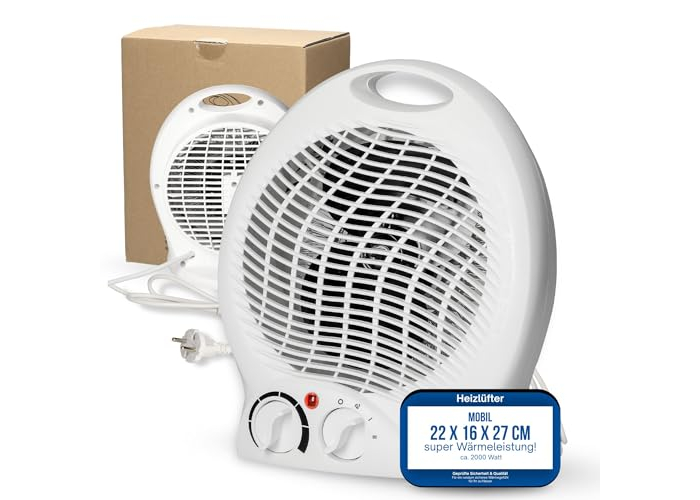 Portable 2000W fan heater with thermostat and 4 heat settings, white Portable 2000W fan heater with thermostat and 4 heat settings, white