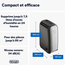 De'Longhi DNS80 dehumidifier, 7.5 liters/day, with air purification function, white
