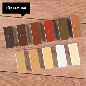 MAXXMEE set de reparación para laminado y parquet | Para suelos de parquet, laminados y corcho, así como para muebles, puertas y ventanas | Con pinzas para el cabello en el fusor de cera | Juego de 20 piezas [11 colores de cera]