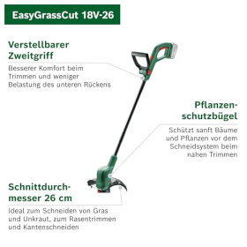 Аккумуляторный триммер для травы Bosch EasyGrassCut 18V-26, диаметр скашивания 26 см, аккумулятор в комплект не входит