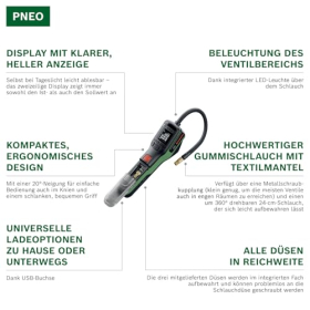 Bomba de aire Bosch PNEO a batería con adaptadores y bolsa para bicicleta.