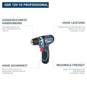 Taladro atornillador inalámbrico Bosch GSR 12V-15 de 12V con accesorios.